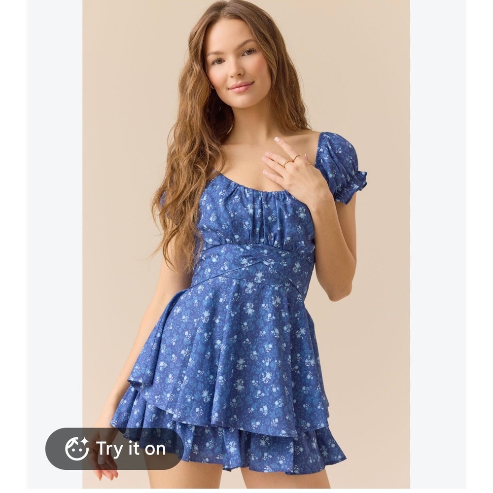 Altar'd State Floral Puff Sleeve Mini Romper 3XL Cottagecore Boho Blue
